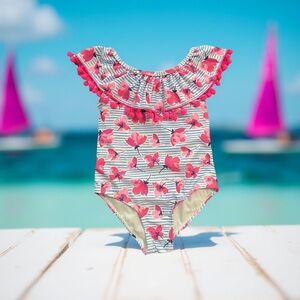 Nicole Miller Pink & Blue One Piece Swimsuit with Pom Pom Ruffle sz 4